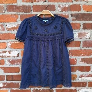 Anthropologie Leifnotes Navy Beaded Embroidered Boho Pom Pom Top Size 2